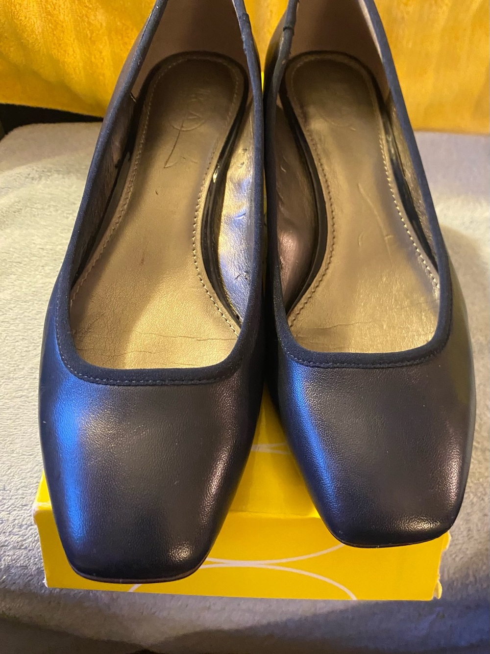 Classic Navy Women's Leather Pumps - Sleek Square Toe Gold Heel Accent - Picture 3 of 6